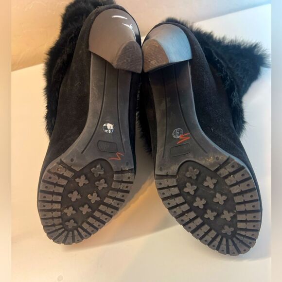 👢Aquatalia black fur fluffy belted Italian heel mid calf slip on boots boots 7 - Picture 12 of 13